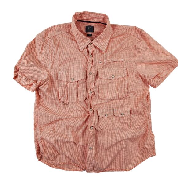 AX Armani Exchange Mens Red Plaid Pearl Snap Buttons Short Sleeve XL - Picture 1 of 13